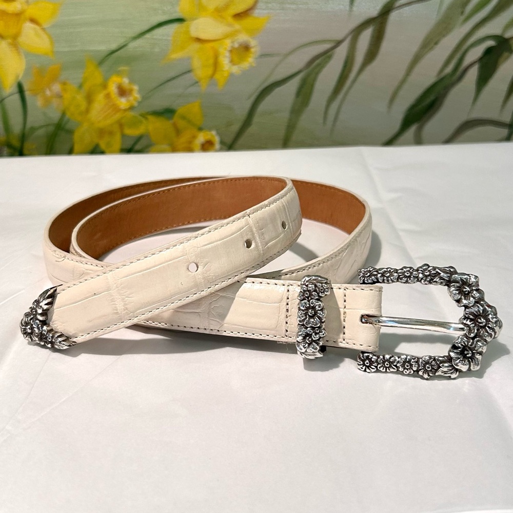 Brighton Cream Croc-Embossed Leather Belt with Ornate Silver Daisy Buckle